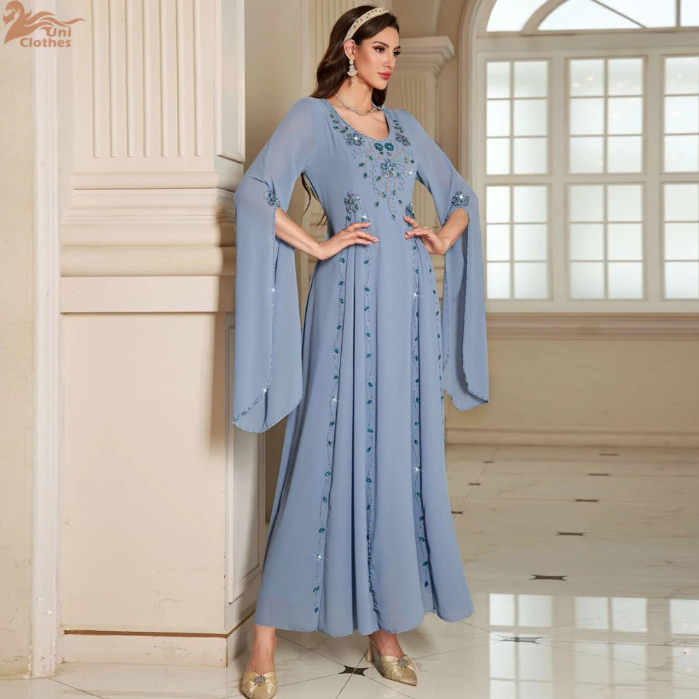 ชุดอาบายะห์ปักลูกปัดหรูหราสไตล์อาหรับ แขนยาวพิเศษ ผ้าสีพื้น เรียบหรู สำหรับสตรีชาวมุสลิม ชุดราตรี ปี 2025 ﻿