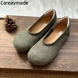 Careaymade-Genuine Leather women's shoes retro round toe casual one foot shallow mouth flat single shoes women grandma shoes