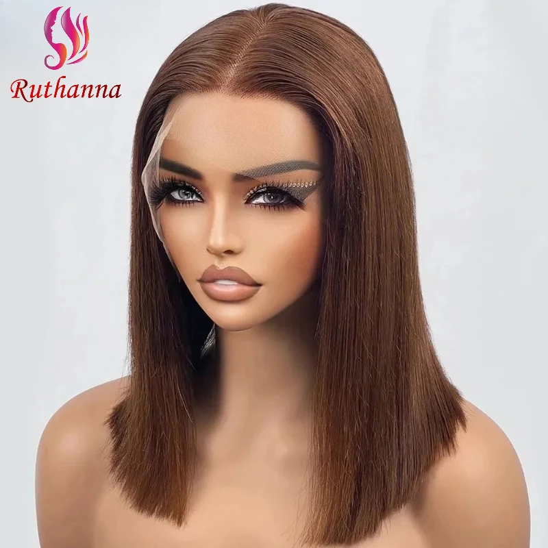 

12A Straight Bob Brown 4# 100% Human Hair 13x4 Lace Front Wig Pre Plucked Brazilian Remy Hair Transparent Lace High Quality Wig