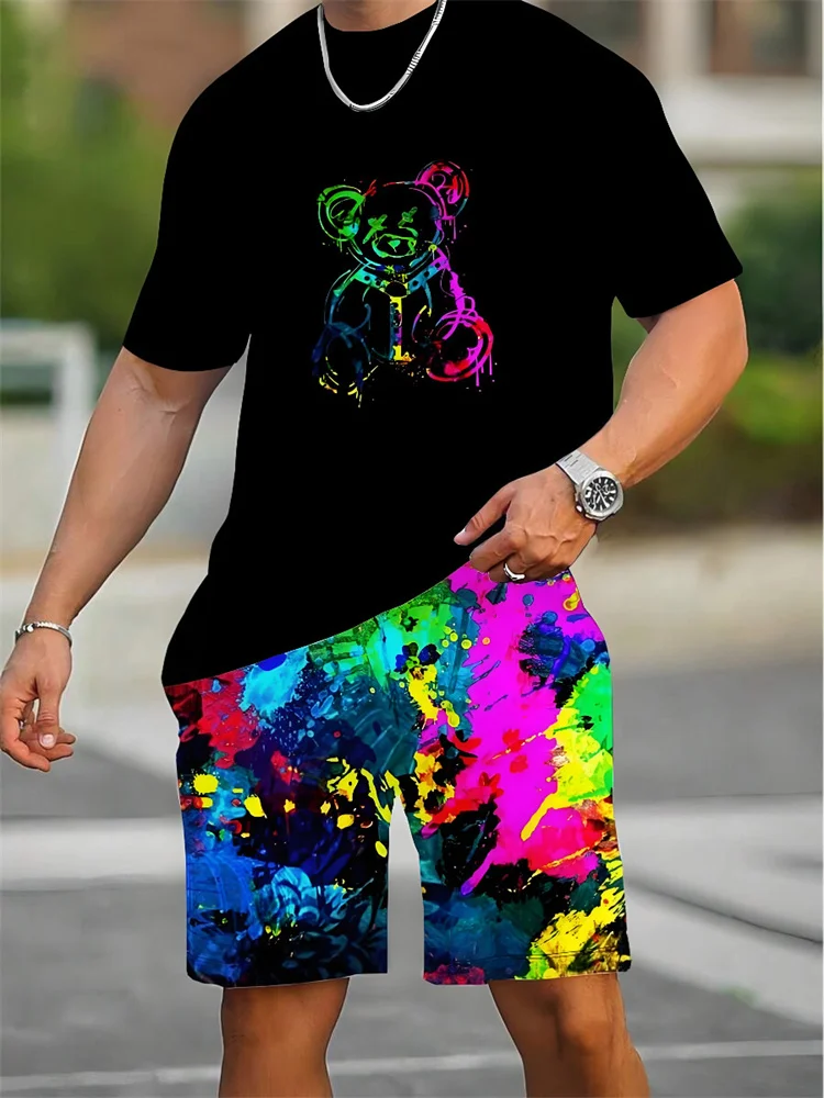 New 3D Crown Print Men\'s Fashion Set Summer Everyday Casual Men\'s Short Sleeve T-shirt Outdoor Street Men\'s Sports Shorts