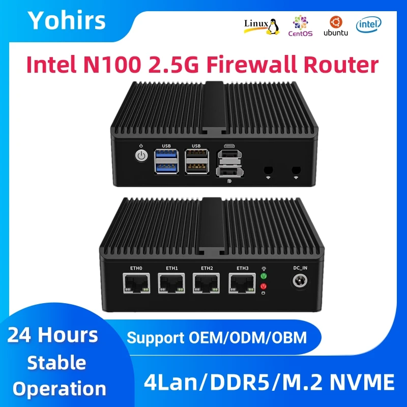 Yohirs الصناعية كمبيوتر صغير Inter N100 DDR5 M.2 NVME دعم 3G 4G WIFI HDMI2.0 4xUSB 1xDP Win11 Pro Linux PfSense ESXi جدار الحماية