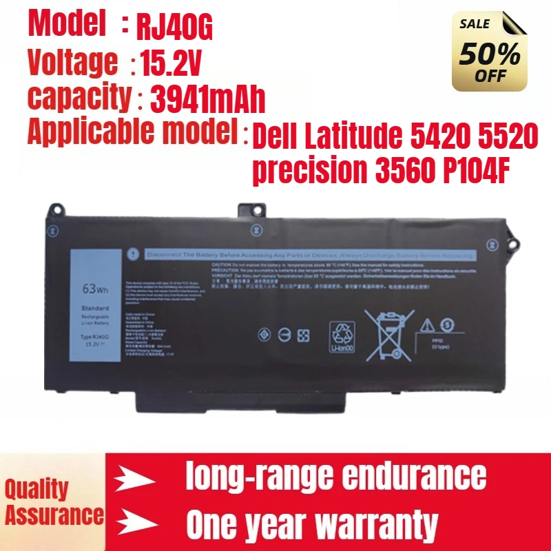 

RJ40G Dell Laptop Battery for Dell Latitude 5420 5520 precision 3560 P104F High Quality Battery 15.2V 3941mAh