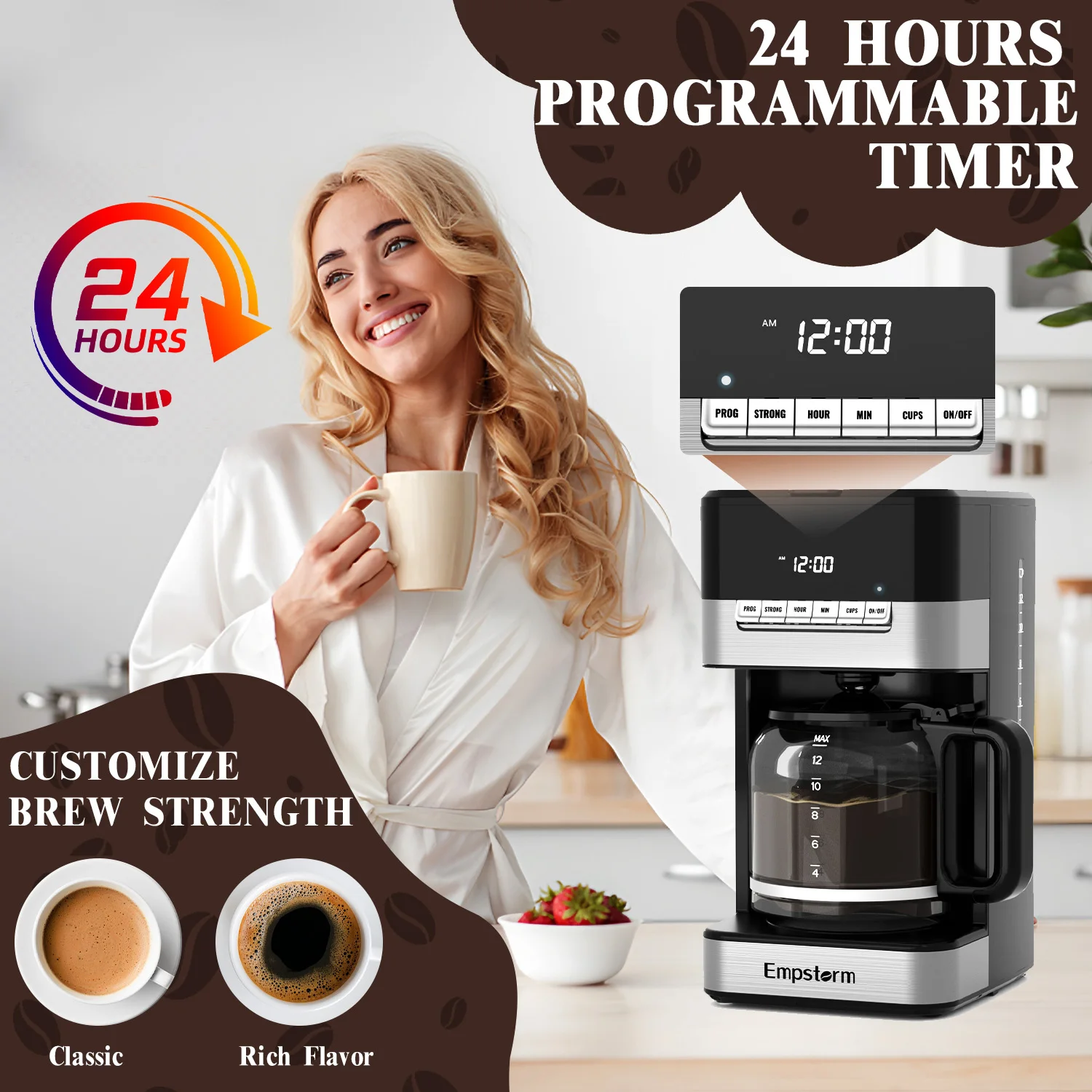 Empstorm, tarro de vidrio fácil de limpiar, mango negro, máquina de café por goteo Americano semiautomática profesional con certificado ETL