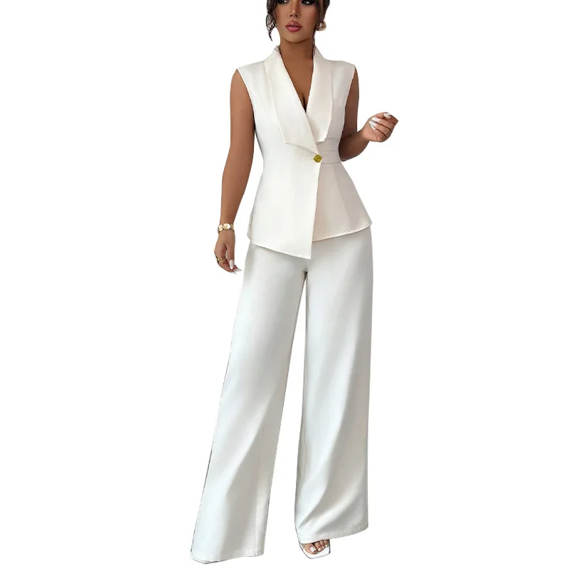 

Cross-border European American Elegant Style Solid Color Vest Straight Trouser Suit Women's Autumn Foreign Trade Clothing Set