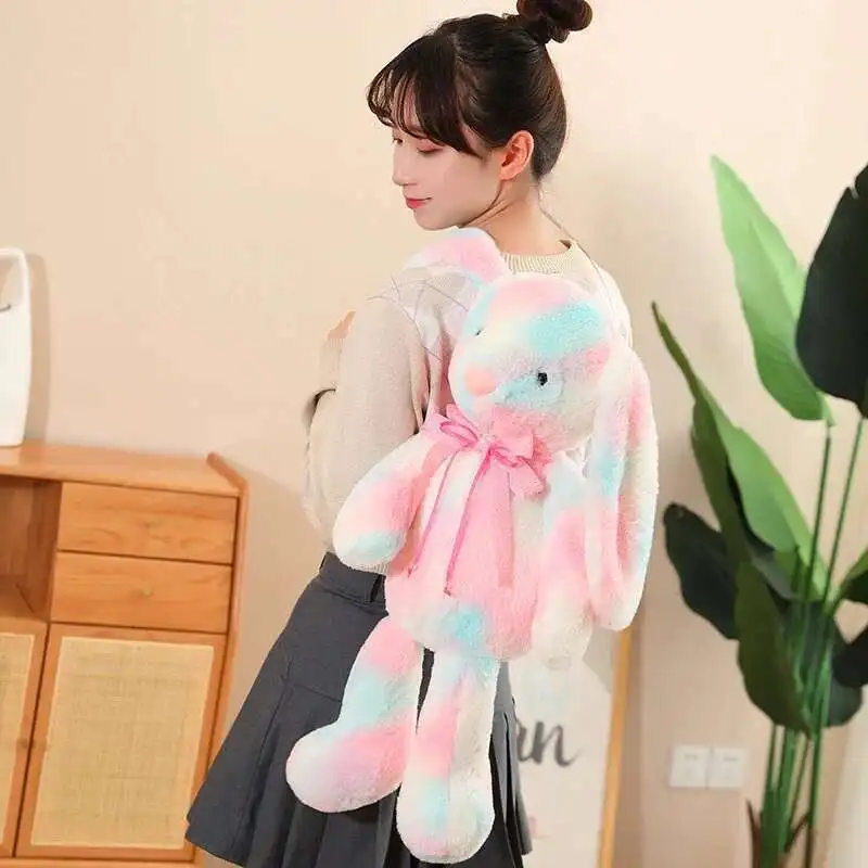 Conejito de Pascua relleno con orejas largas y disquete, juguete de peluche de conejo teñido anudado colorido para dormir, peluche de conejo colorido súper suave