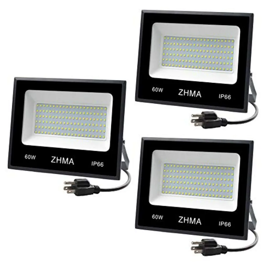 

3 Pack 60W Led Flood Light Outdoor Spotlight Super Bright Work Light with Plug IP66 Waterproof White Light 5400lm 6500K Garage