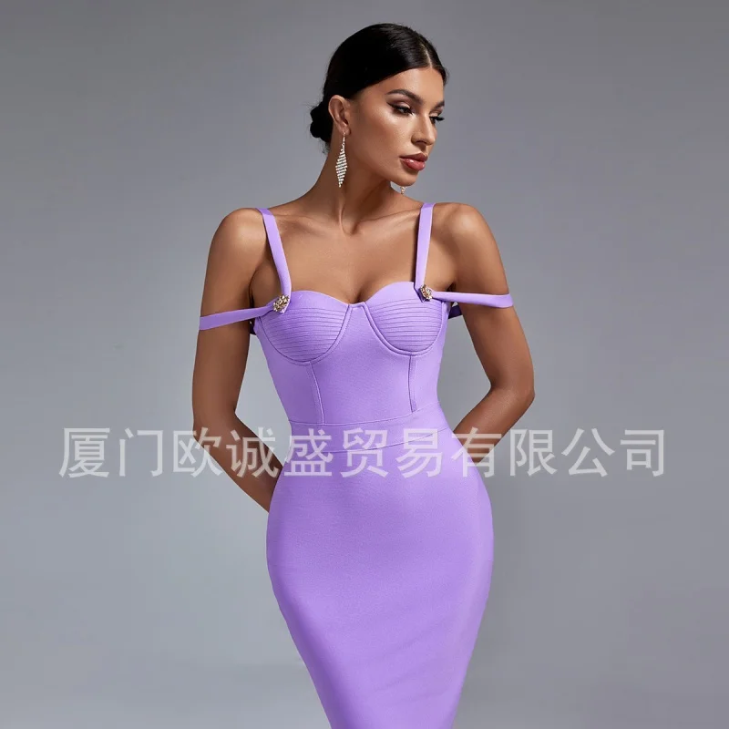 Double-Shoulder Strap Design Solid Color Slim Temperament Elegant Bandage One-Piece Dress Bandage Dress