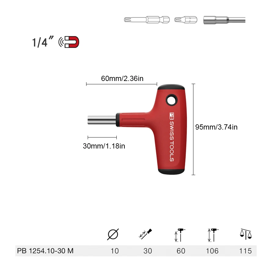 PB SWISS T-Shaped Screwdriver Handle Short pole with Strong Magnetic for C6.3 and E6.3 1/4\