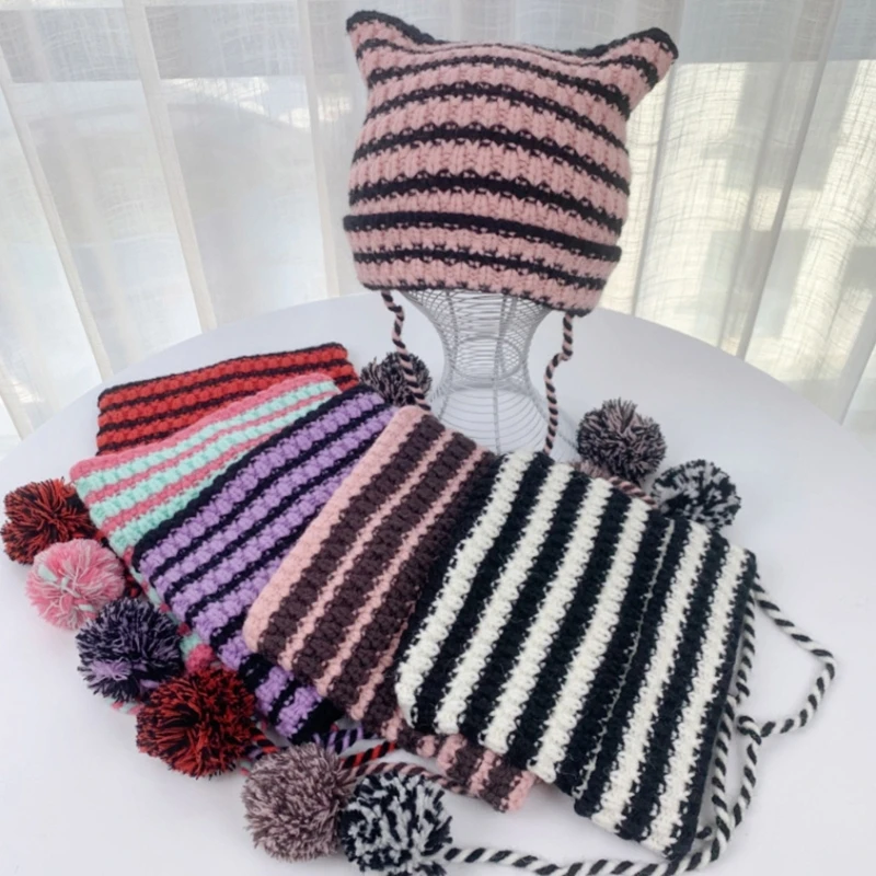 Gorro tejido invierno con decoración pompones, gorro para mantener calor, sombrero a prueba viento para