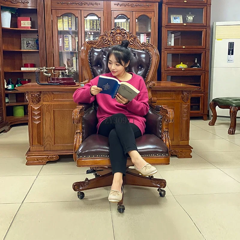 New arrive Luxury Vintage Wooden Boss Chair High Back Classic Leather Home Office Chair Wooden Carved Office Furniture