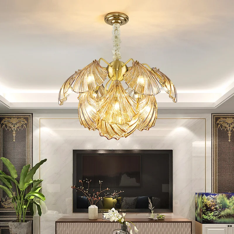 YUNYI Modern Luxury Shell Glass LED Copper Chandelier Pendant Light for Home Decoration Living Dining Room