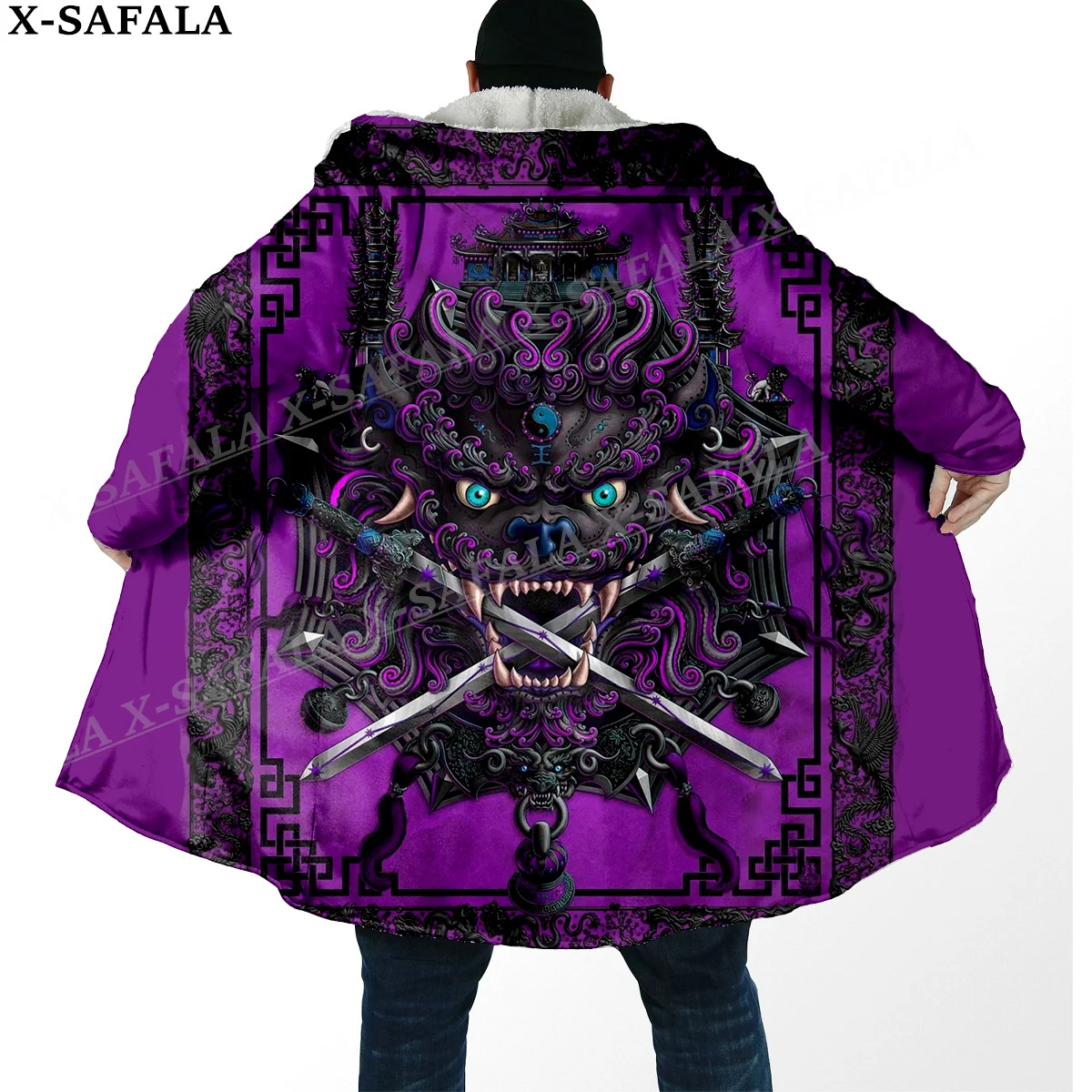 Throw Sword Lion The Eight Diagrams Print Thick Warm Hooded Cloak Men Overcoat Coat Windproof Fleece Cape Robe Hooded Blanket-4