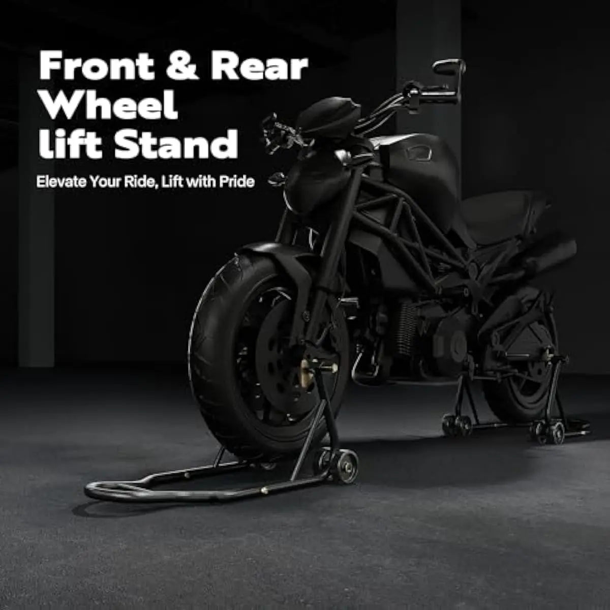 Heavy-Duty Black Motorcycle Lift Stand Set – Front & Rear Dual-Wheel Support – Steel Frame with Powder-Coated Finish – Adjustabl