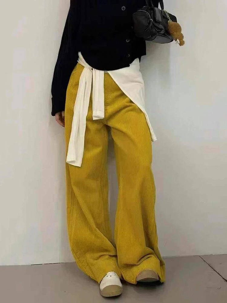 REDDACHiC Women Corduroy Pants with Split Zipper Striped Yellow Solid Wide Leg High Rise Long Trousers Fall Winter Retro Clothes