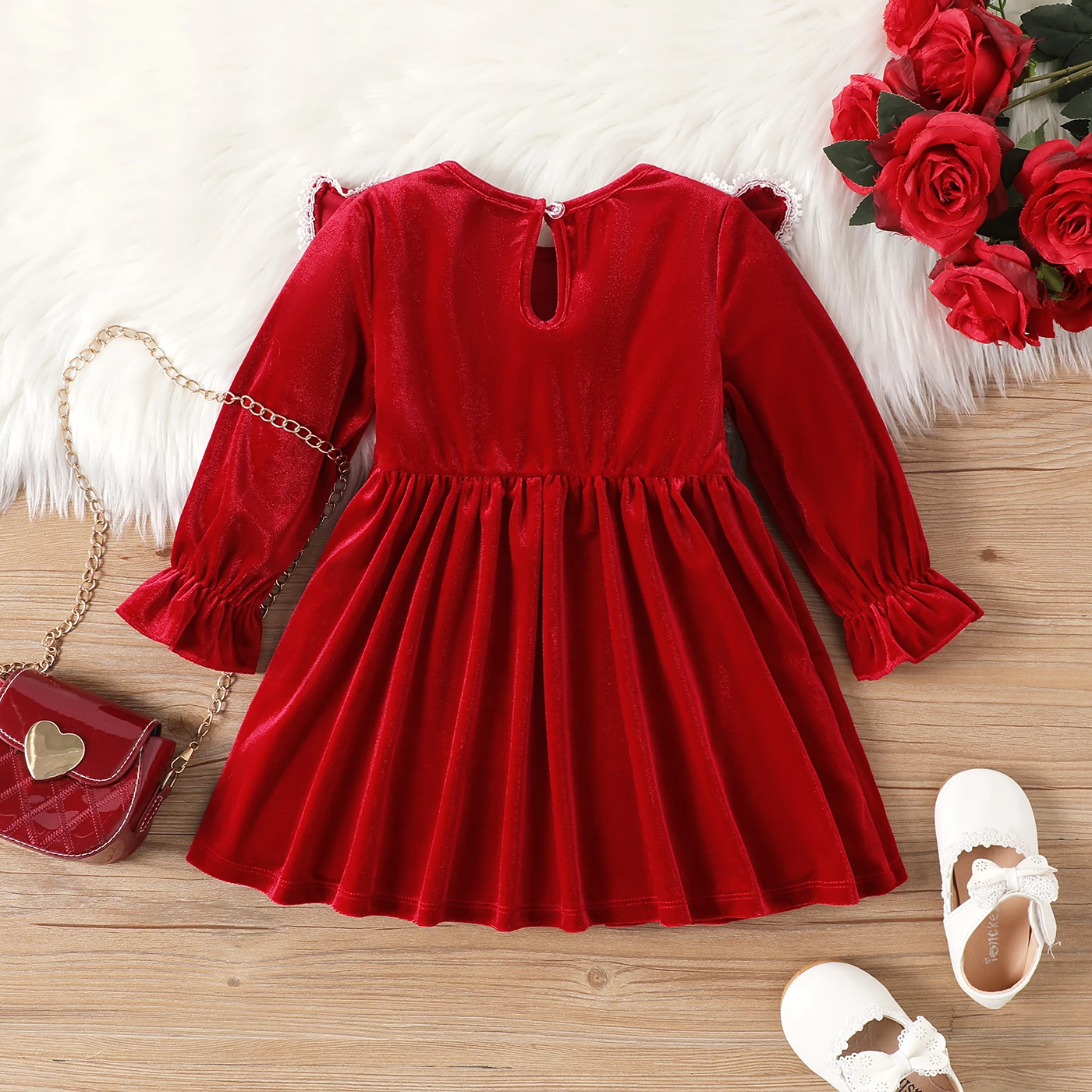 PatPat Toddler Girl Solid Color Christmas Sweet Ruffle Dress