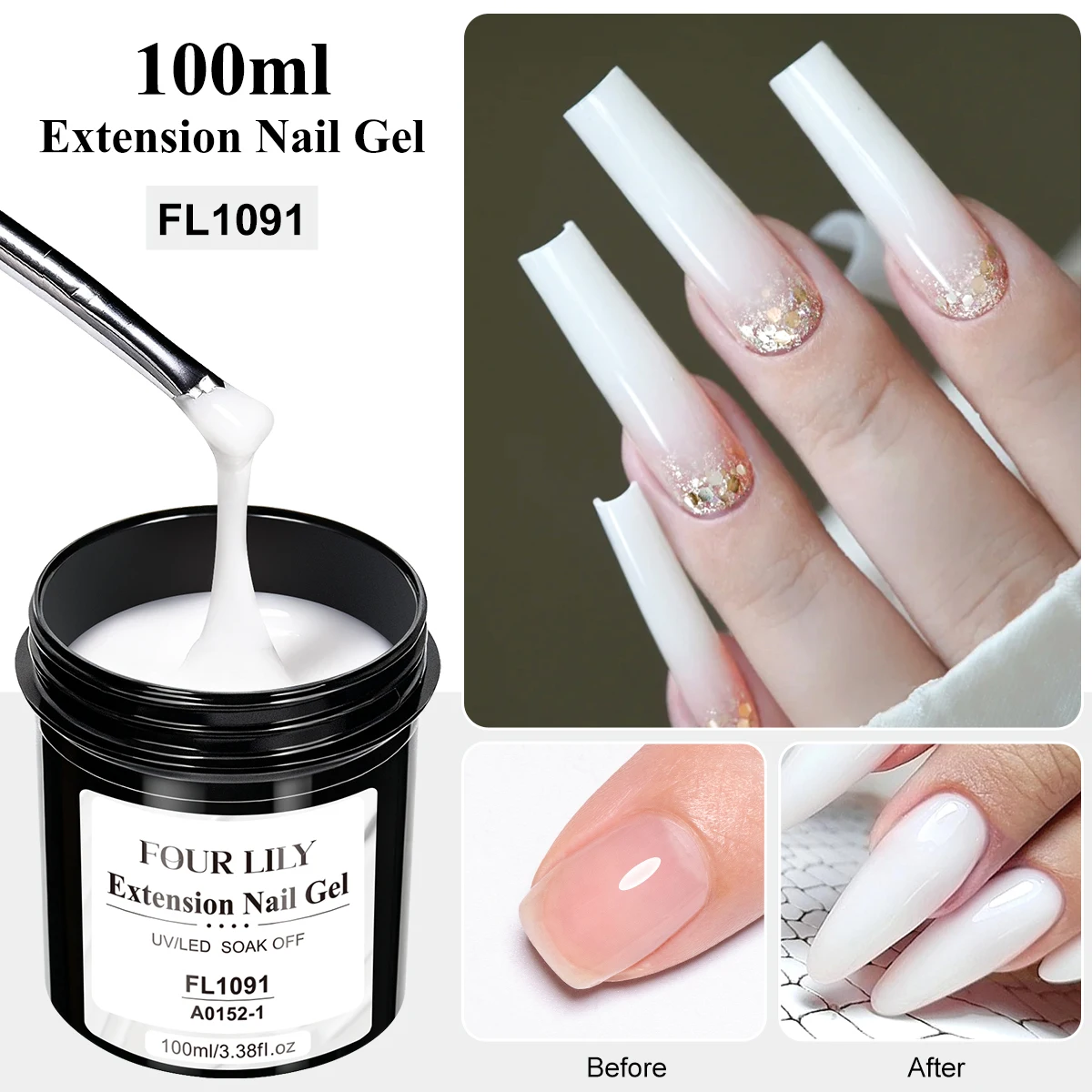FOUR LILY 1pcs/2pcs/4pcs 100ml Extension Nail Gel Milky White Pink Glitter Builder Gel UV LED Strong Nail Extension Manicure