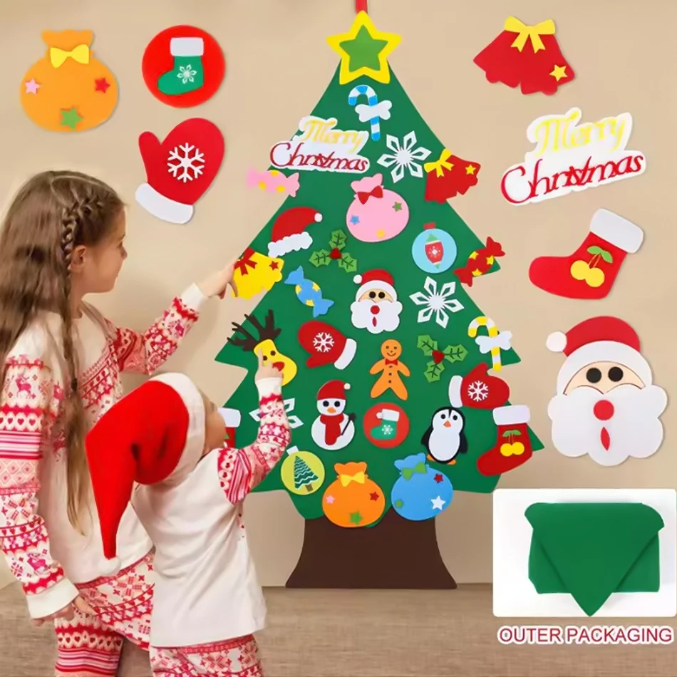 DIY Felt Christmas Tree Set With 26-32 Ornaments And LED String Lights For Toddlers Kids New Year Gift Xmas Gifts Home Door Wall