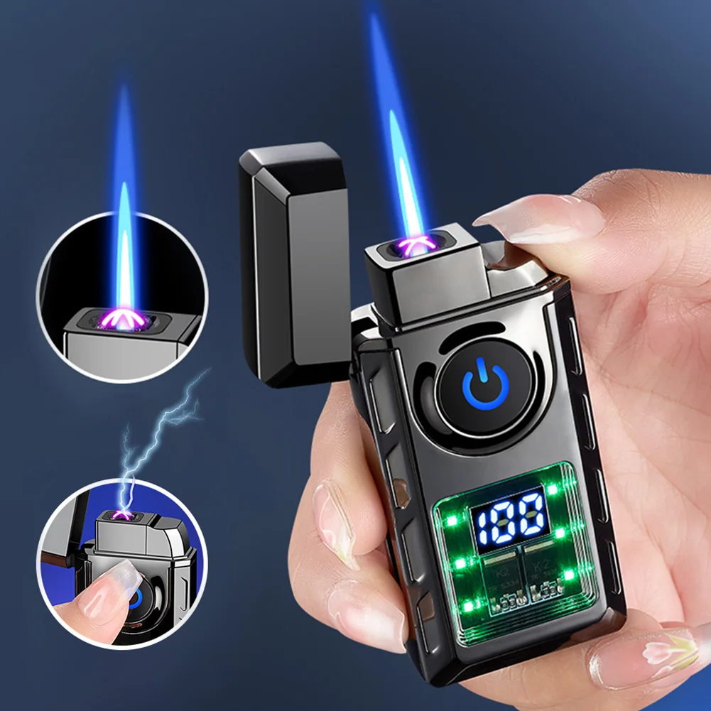 

Двойная пожарная ветрозащитная зажигалка с цветной подсветкой, цифровой дисплей, интеллектуальная индукционная зажигалка с прямым пламенем