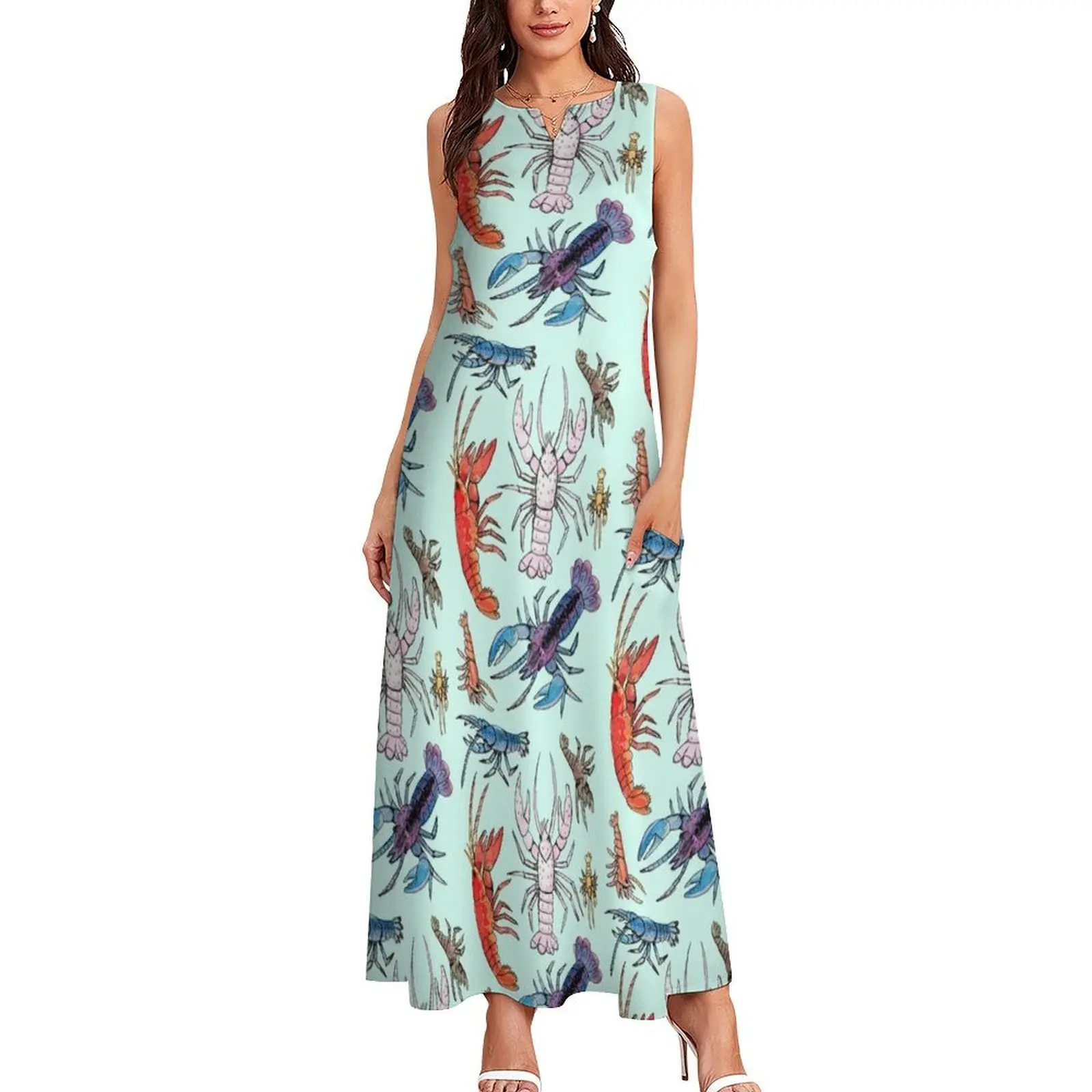 Colorful Aquatic Crayfish Species in Watercolor Long Dress Summer dresses for women Women's dresses Dress