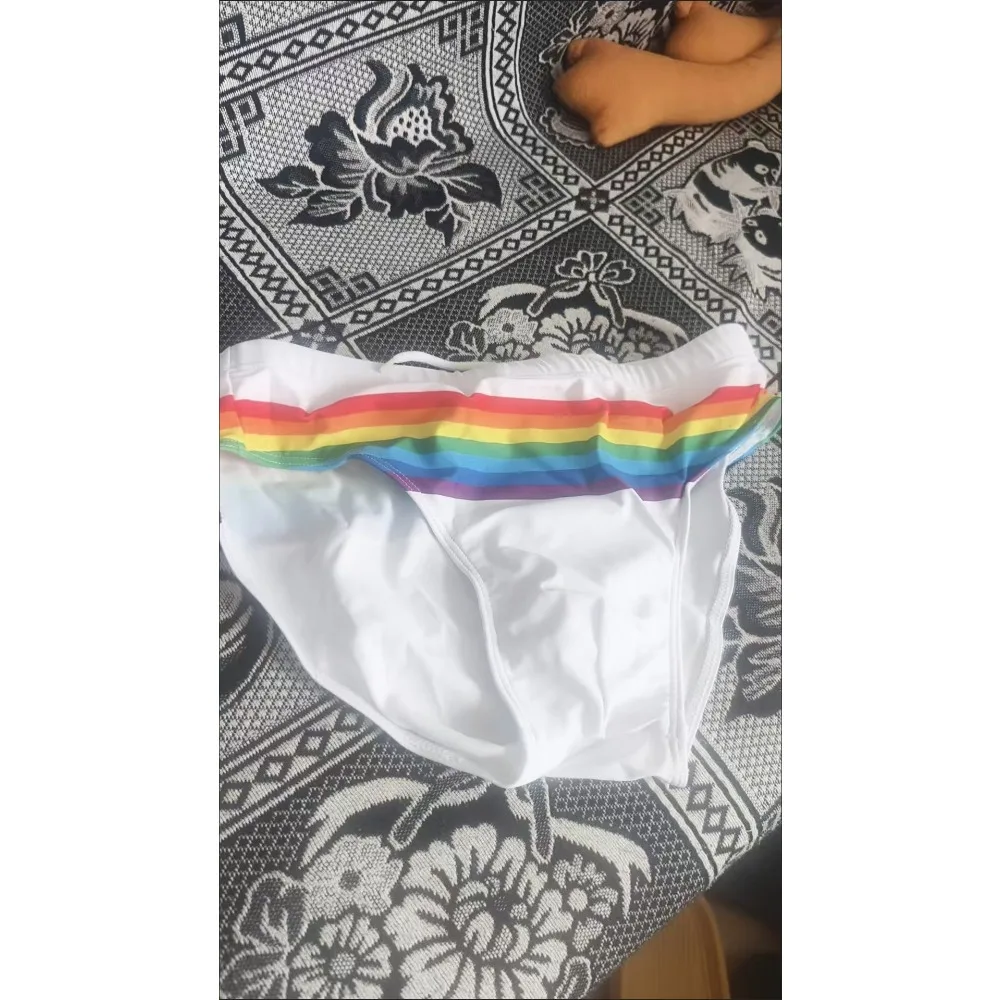 Striped rainbow swimming trunks men's fashion European and American briefs beach seaside hot spring swimming trunks 10067