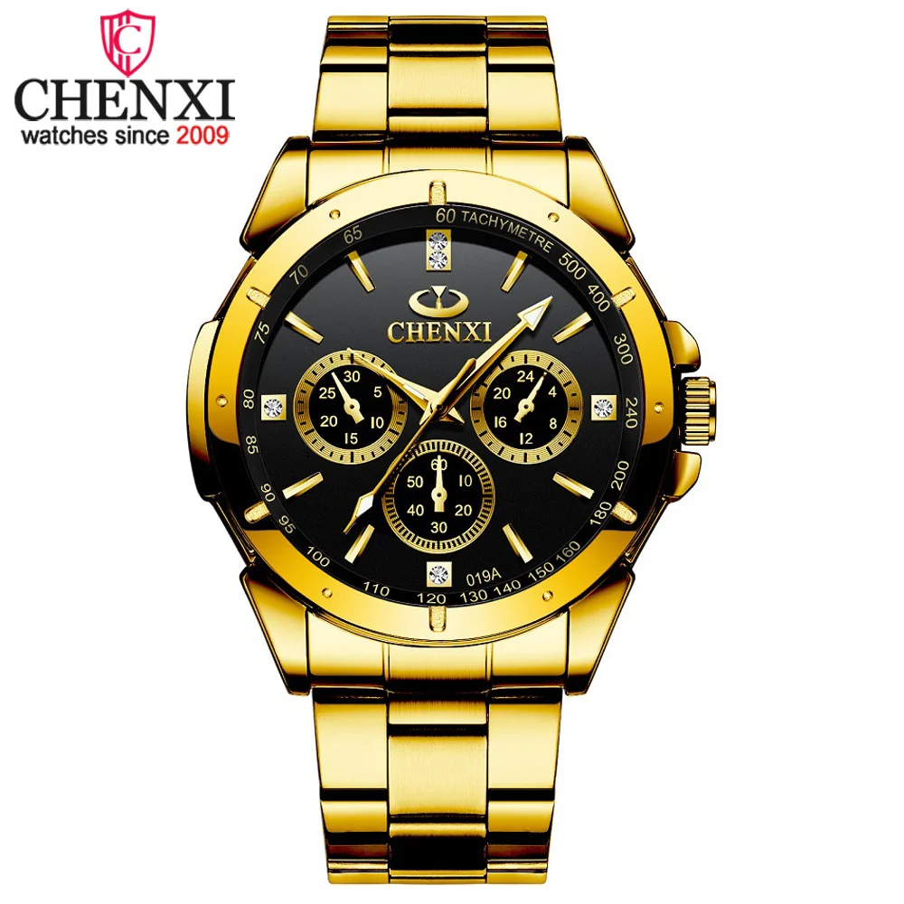 CHENXI 019A Golden Men Watches Luxury Steel Band Quartz Wrist Watch Casual Dress Waterproof Clock Relogio Masculino