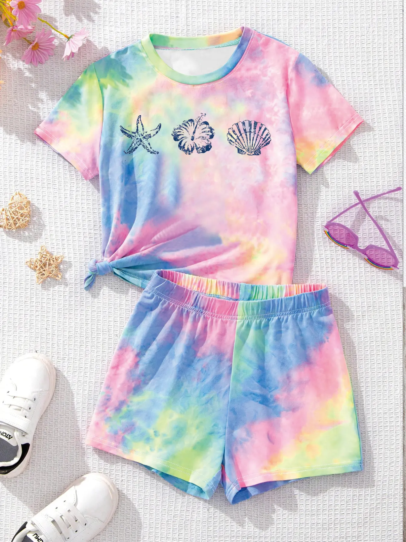 Comfy Kids Girls 2-Piece Outfit, Soft Breathable Fabric Tie Dye Beach Print T-Shirt & Shorts for Daily & Outdoor Play