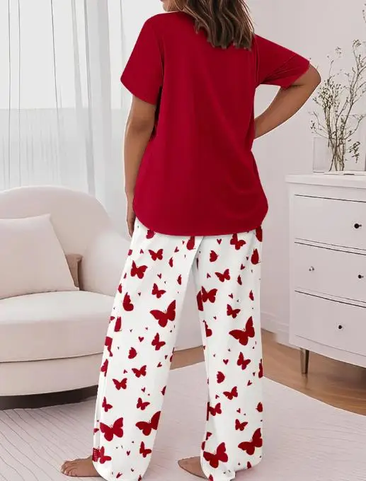 

Two Piece Set Women Outfit 2026 New Heart & Butterfly Print Round Neck Short Sleeve Top & Elastic Waist Casual Pajamas Pants Set