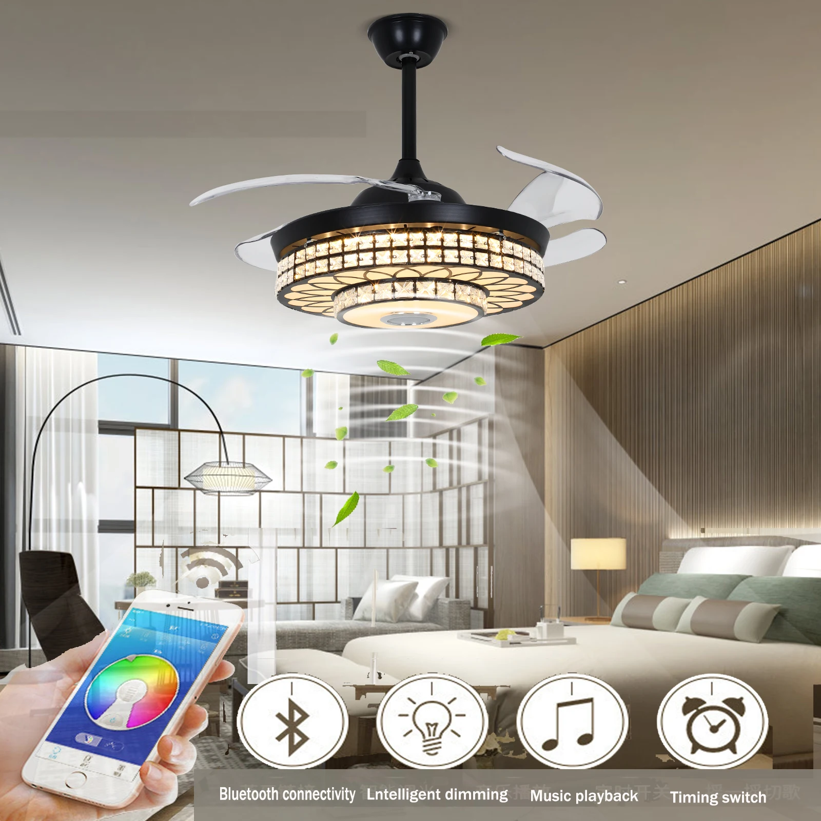 

42 Inch Fan Pendant Light Black Three Color Variable Frequency Band Bluetooth With Remote Control - Us Standard