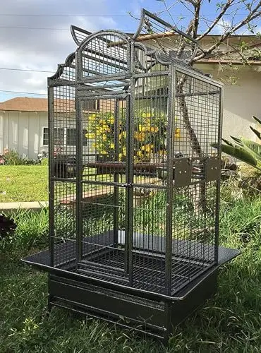 X-Large Elegant and Durable Wrought Iron Open/Close Play Top Bird Parrot Cage with Metal Seed Guard, Solid Metal