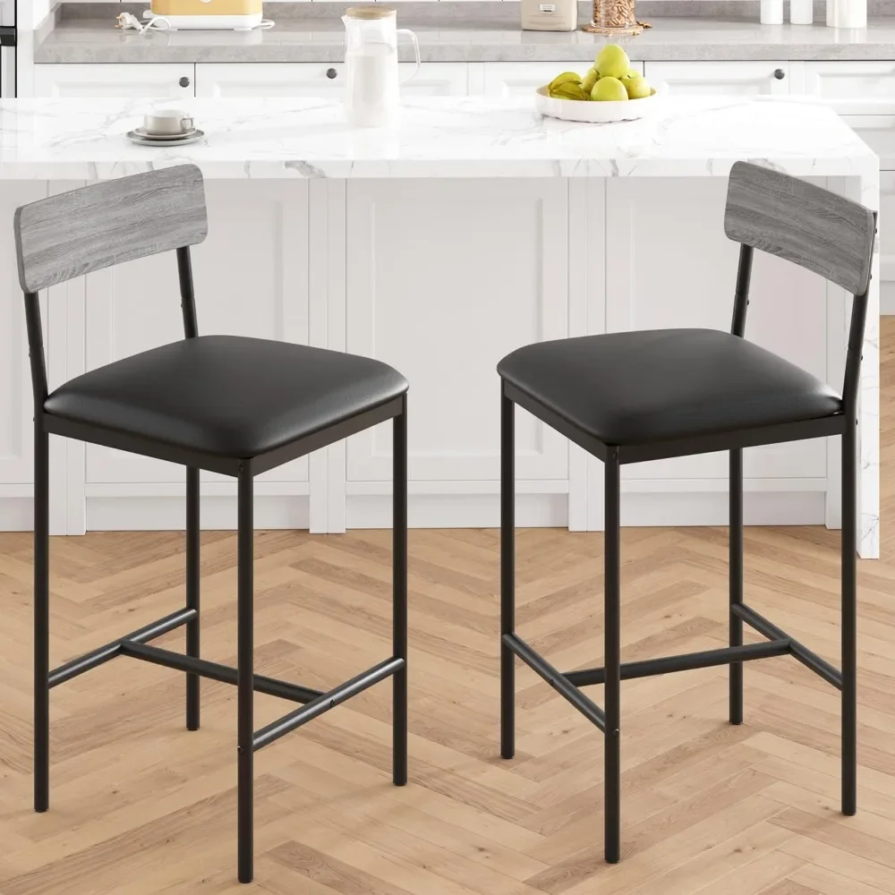 Bar stool 2-piece set, upholstered bar stool with backrest, thick cushion, island height bar stool, easy to assemble,rustic grey