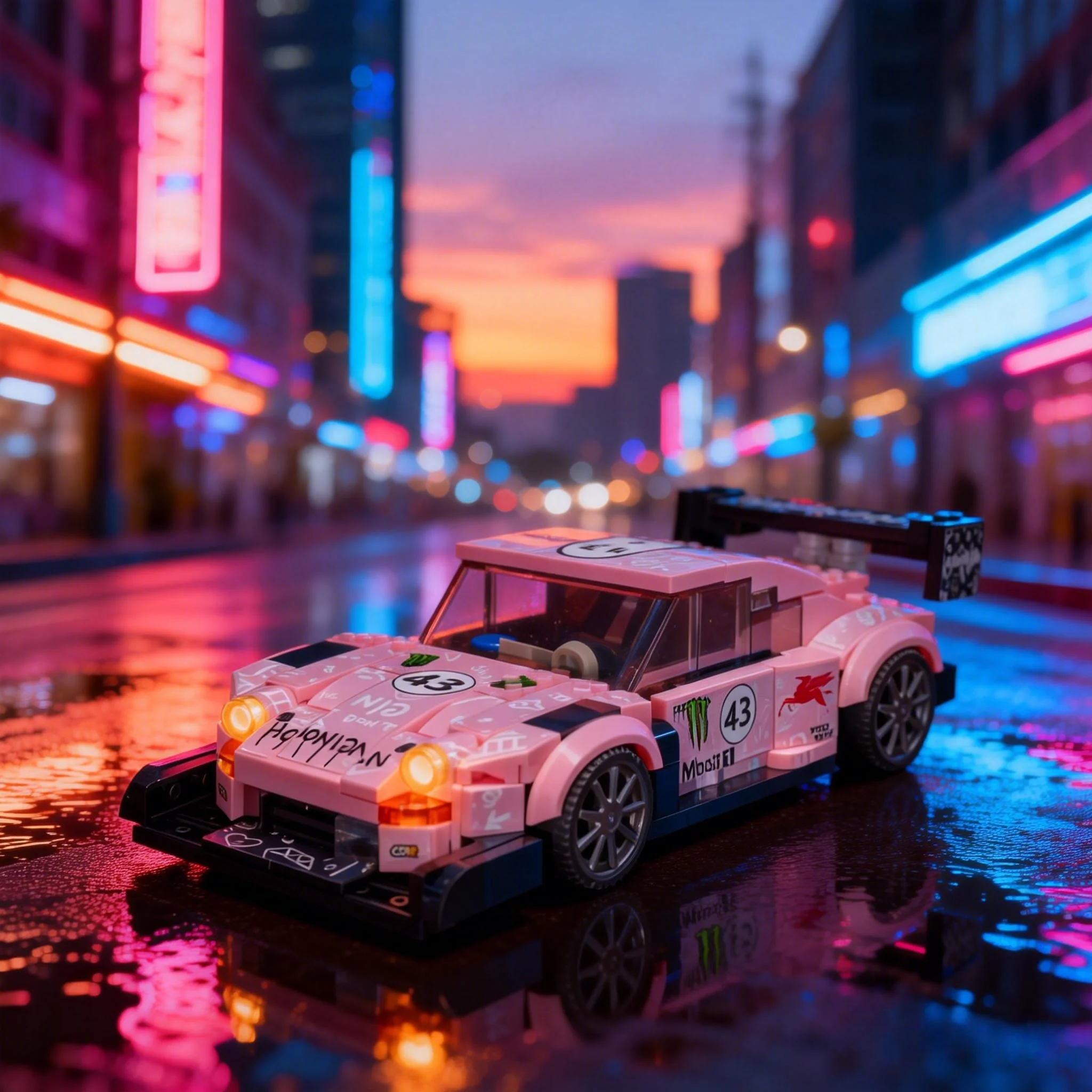 MOC Technischer Rosa Sportwagen Garagenszene Bausteine Stadt-Rennfahrzeug Montage-Bausteine Spielzeug für Kinder und Erwachsene Geschenke