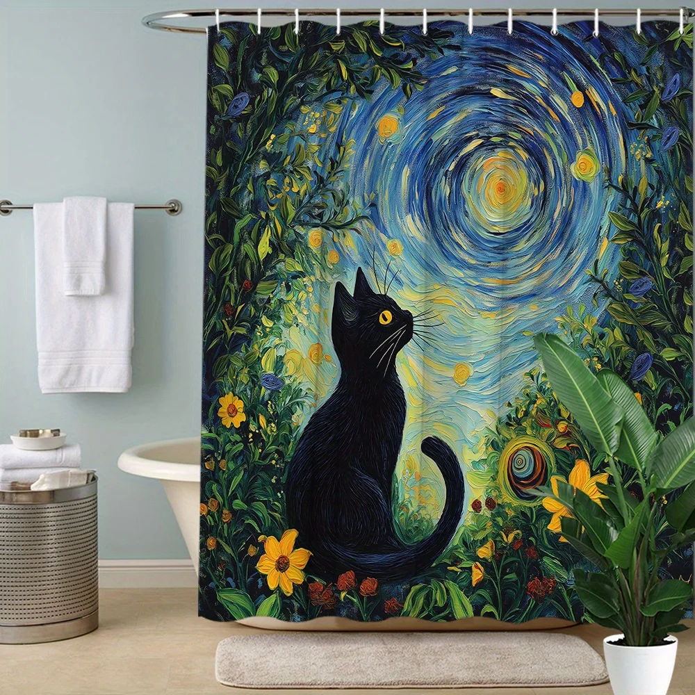 Black Cat Starry Night Shower Curtain, Van Gogh Style Oil Painting Print Waterproof Bathroom Decor, Artistic Pet Lover Home Bath