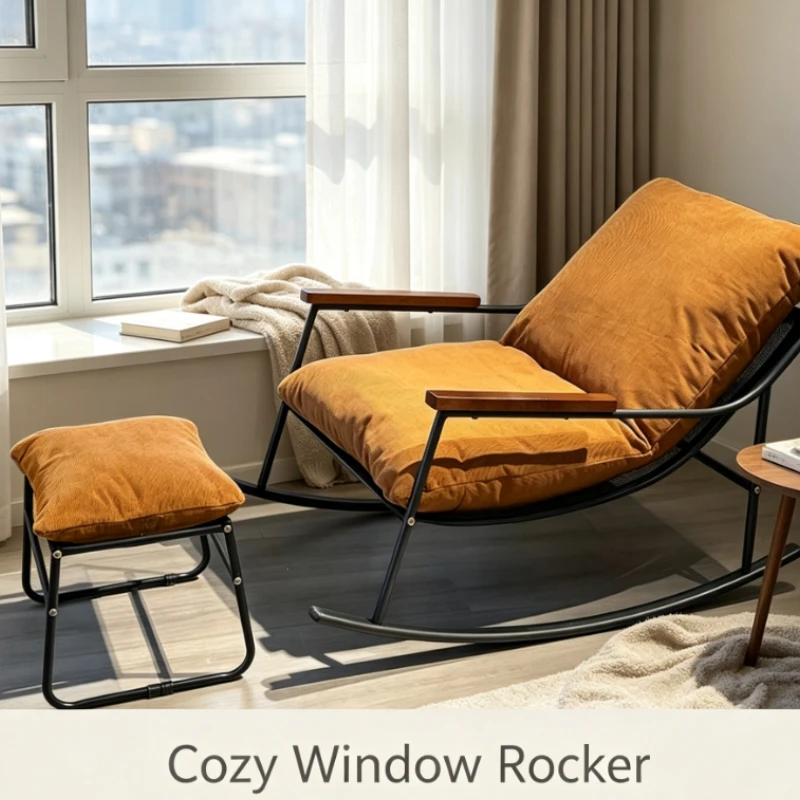 Rocking Lounge Chair With Corduroy Cushion And Metal Frame For Living Room Or Balcony Decor