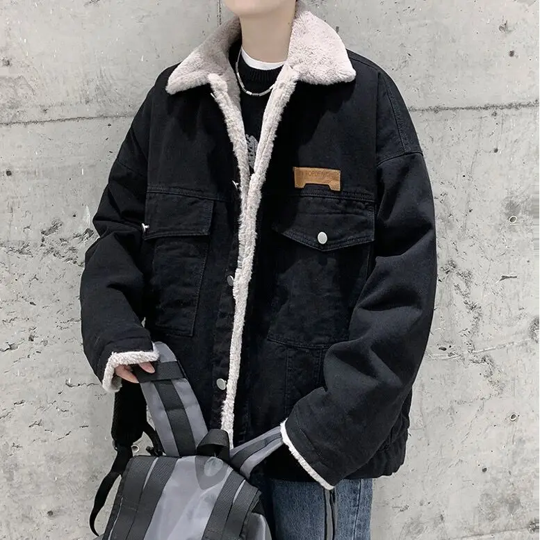 Winter Plüsch verdickte Jeans jacke Herren Hong Kong Stil Revers gepolsterte Jacken taschen vielseitige Kaschmir Denim Parkas