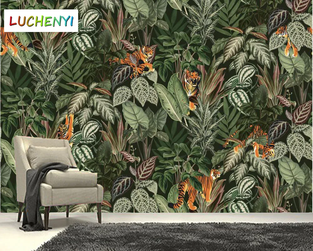 Papel de parede custom tropical plant rainforest leaf tiger wallpaper mural,living room tv wall  bedroom home decor