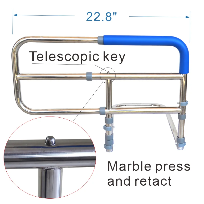 Adjustable Height Expandable Length 304 Stainless Steel Bedside Rail Handrail with One-Click Extension Installation