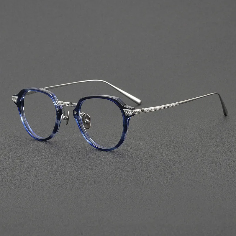 High-End Acetate Pure Titanium Transparent Blue Myopia Glasses Frame Men Women Fashion Retro Carved Square Optical Spectacles