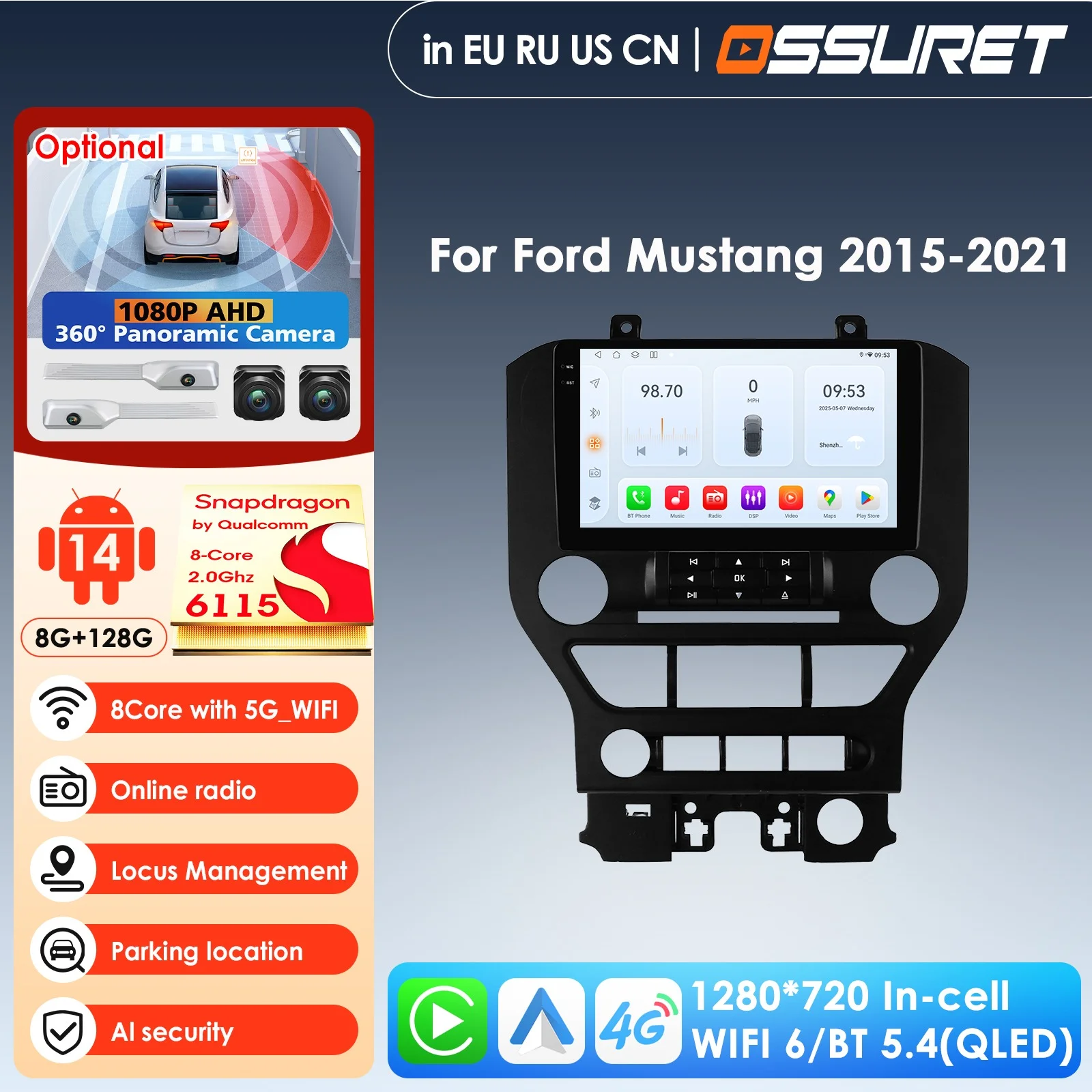 9 Inch Car Intelligent Systems for Ford Mustang 2 2015-2021 Car Multimedia Player Stereo Radio CarPlay 4G Head Unit WIFI FM RDS