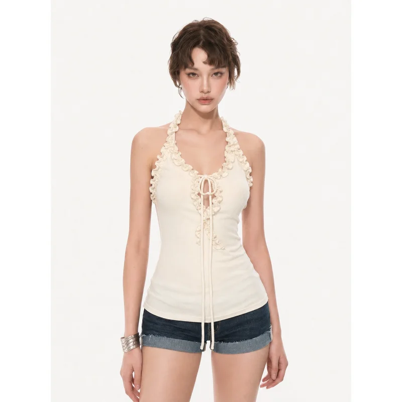 Bustier Neck Hanging Wooden  Trim Waist Cinching Vest Casual Style Polyester Fiber round Neck H-Shape Vest for Young Women