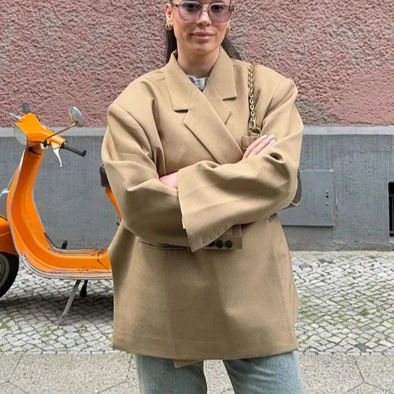 Loose Elegant Grey Asymmetric Blazer Women Lapel Long Sleeve Split Suit Jackets 2025 Autumn Winter Lady Fashion Outwear Street