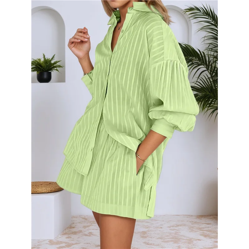 

ABRT-Women's Summer 2 Piece Sets Striped Puff Sleeve Button Down Shirts Tops Matching Shorts Sets Casual Outfits