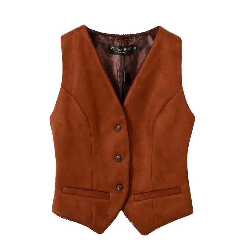 Woman’s Vest Black V Neck Suede Elegant OL Waistcoat Vintage 3 Buttons Business Slim Fit Women Vest Office Formal Work Wear