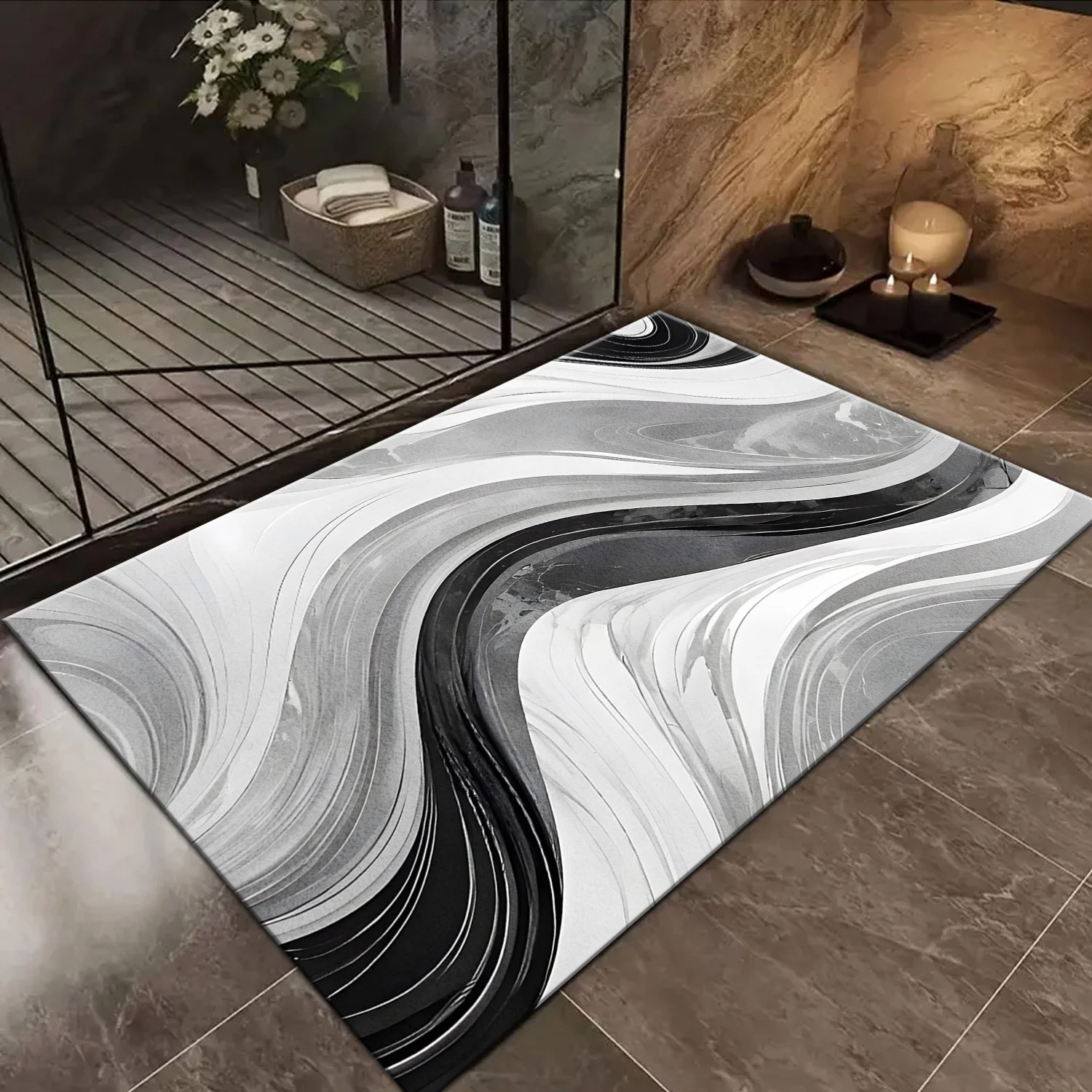 Abstract Marble Print Bath Rug Mat for Bathroom Sink Vanity Decor Modern Luxury Black White Anti Slip Wash Mat