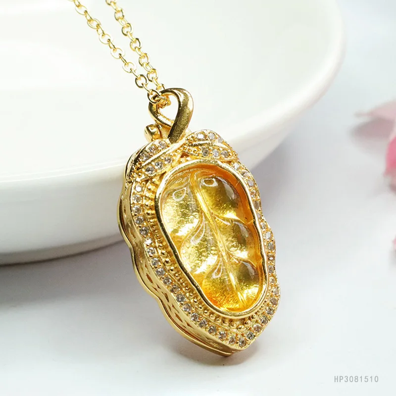 

Natural Amber Pendant Gold Amber Leaf Sachet Pendant Necklace