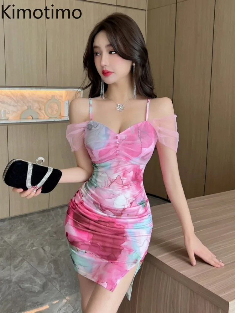 Kimotimo Y2k Dress Off Shoulder Printed Stitching Mesh Spaghetti Strap Dresses Women French Sexy Slim Split Nightclub Vestidos