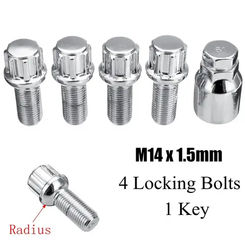 아우디 및 폭스바겐용 스틸 휠 잠금 볼트, 잠금 반경 보안 러그 너트 세트, M14 x 1.5mm, 세트당 5 개, 신제품