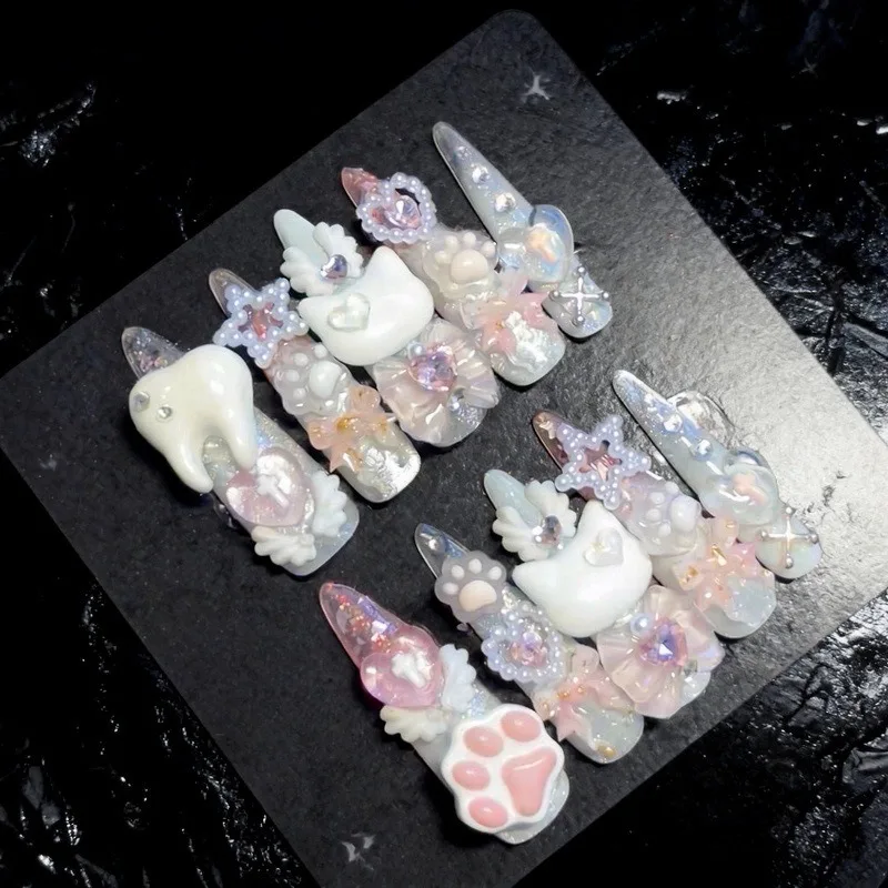 10PCS Sweet Cool White 3D Cat Paw Bow Stiletto Press on Nails Handmade Cute Heart Rhinestone Star with Pearl Wearable Fake Nails