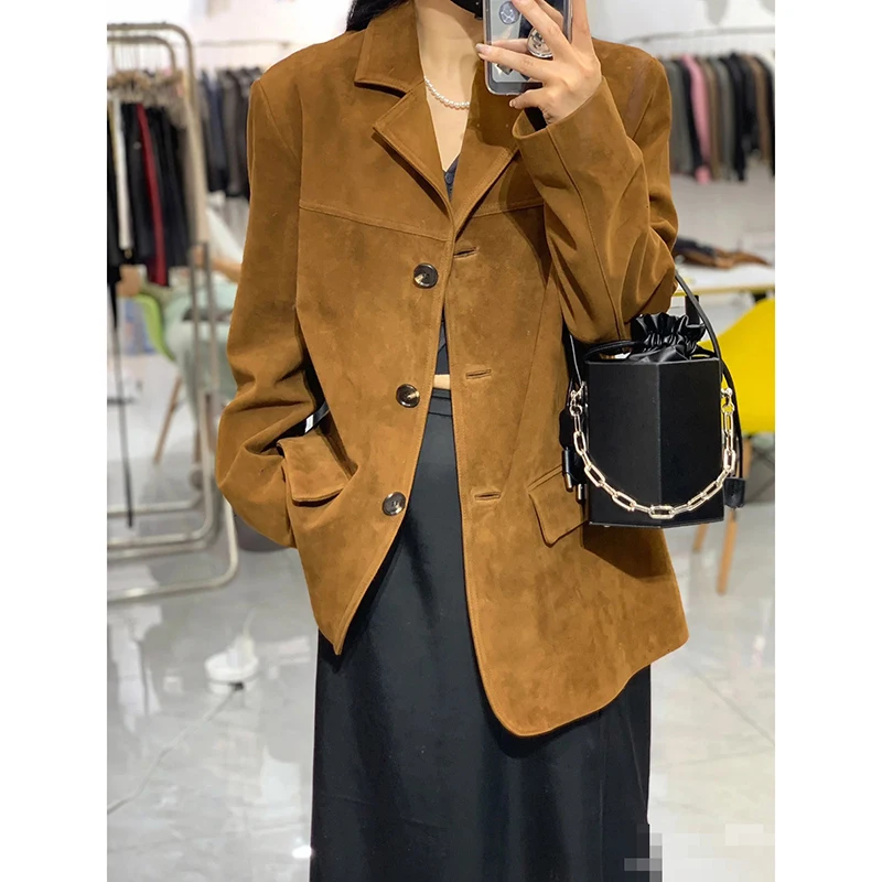 Women’s Sheepskin Suede Jacket Autumn Winter Female Vintage Old Money Style Suit Coat Wide Version Angora Red Chaquetas Mujer