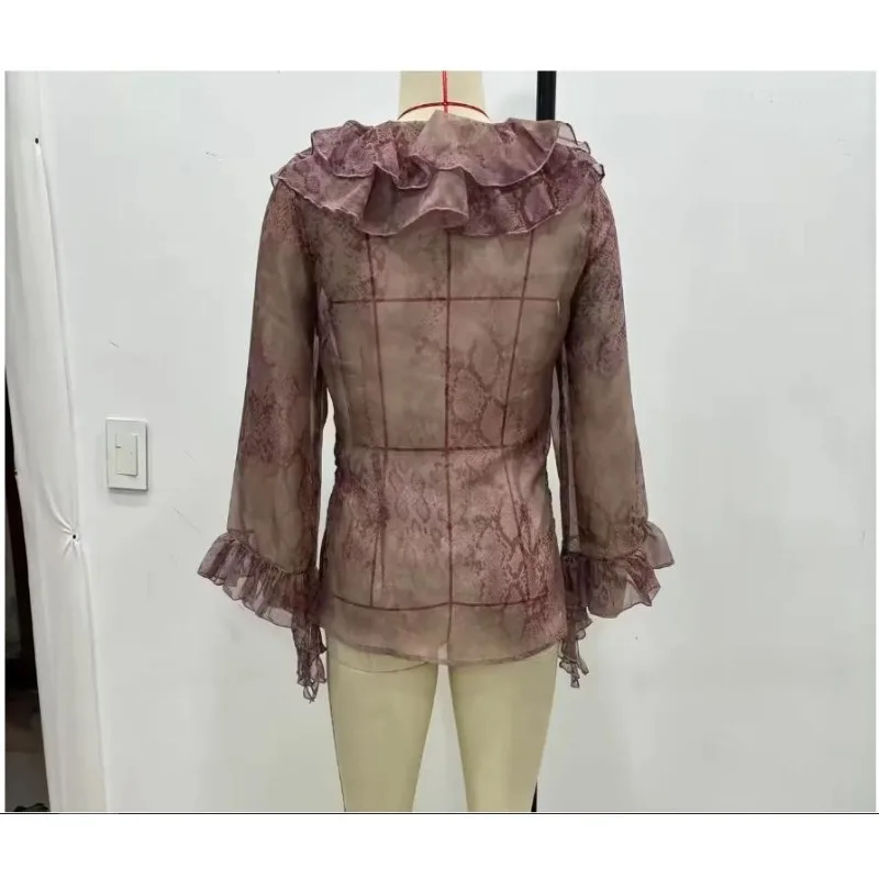 Chique lente dierenprint roze bloem damesoverhemden gestapelde vintage blouse mode 2025, oversized sexy gelaagd overhemd