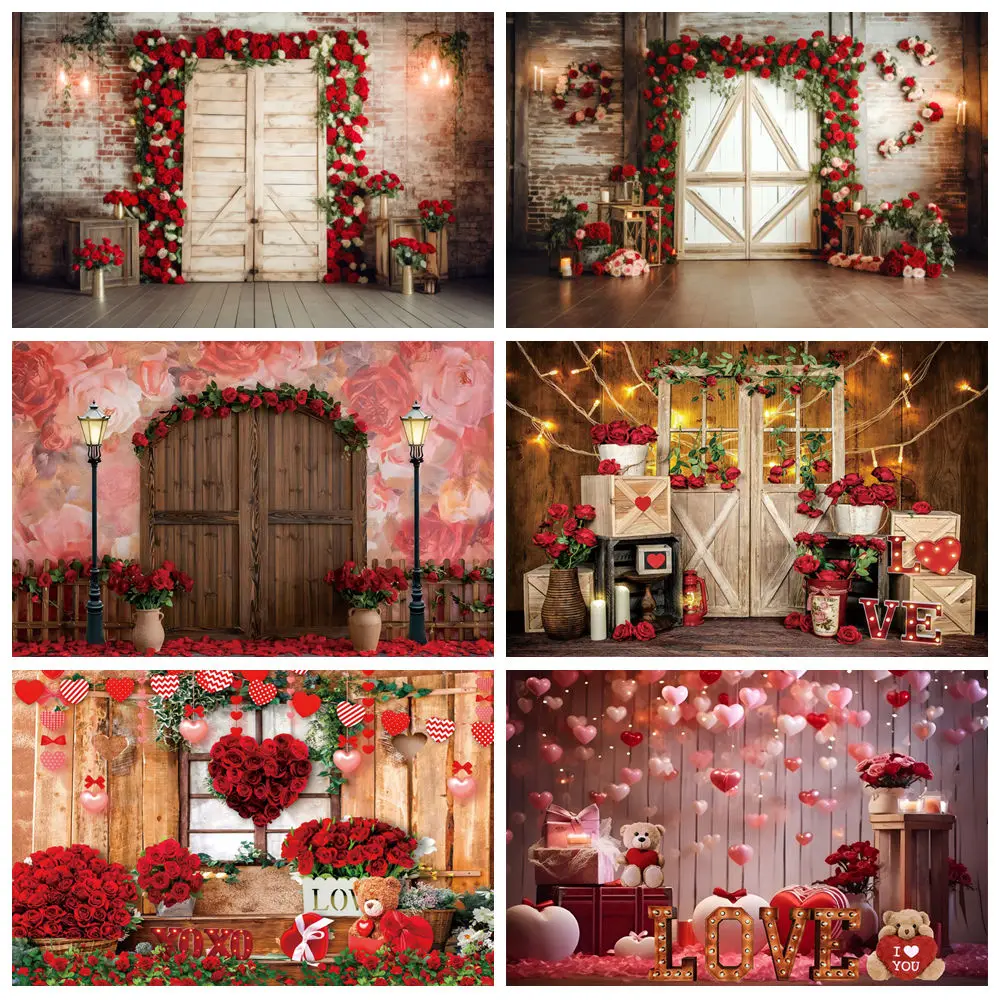 

Valentine‘s Day Backdrops Backdrop for Photography Red Rose Love Heart Balloons Brick Wall Wedding Background Photo Studio Props